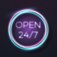 Illustration of Realistic Vector Neon Sign. 24 7 Retro Neon Frame. Open 24 Hours Glowing Neon Sign