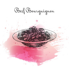 Beef Bourguignon watercolor effect illustration.