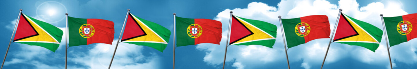 Guyana flag with Portugal flag, 3D rendering