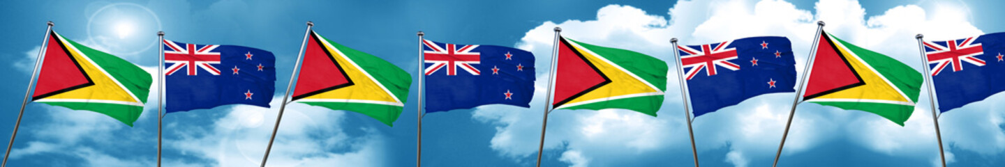 Guyana flag with New Zealand flag, 3D rendering