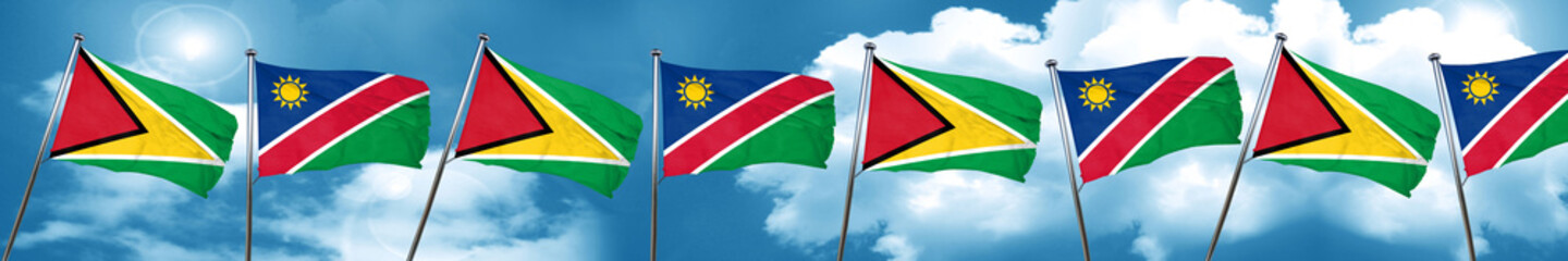 Guyana flag with Namibia flag, 3D rendering