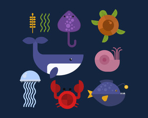 Sea animals marine life character vector illustration.