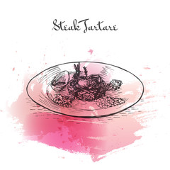 Steak Tartare watercolor effect illustration.