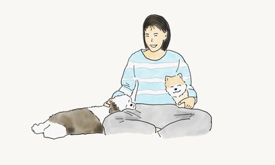 hand draw doodle woman take care dog isolated, illustration, watercolor style