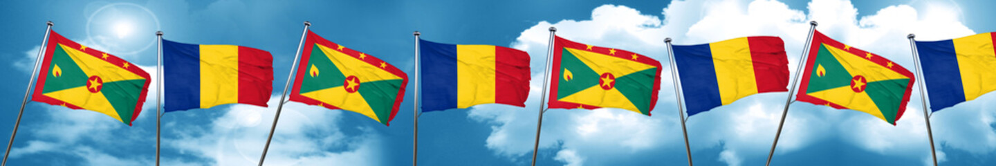 Grenada flag with Romania flag, 3D rendering