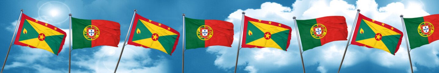 Grenada flag with Portugal flag, 3D rendering
