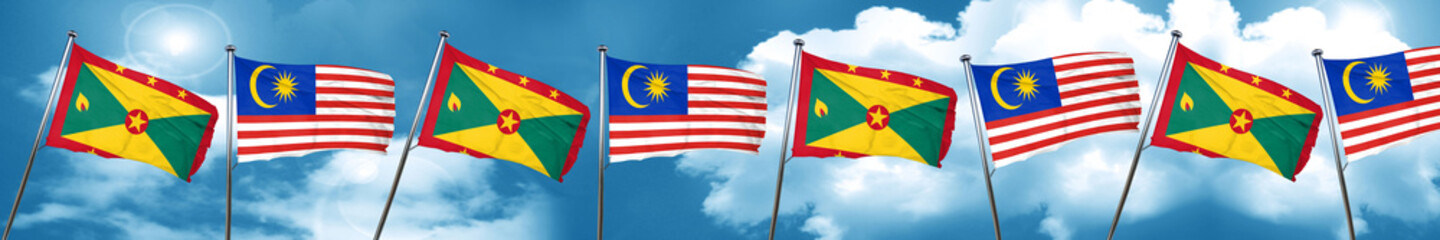 Grenada flag with Malaysia flag, 3D rendering