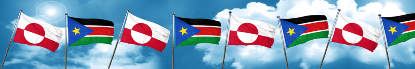 Fototapeta na wymiar greenland flag with South Sudan flag, 3D rendering