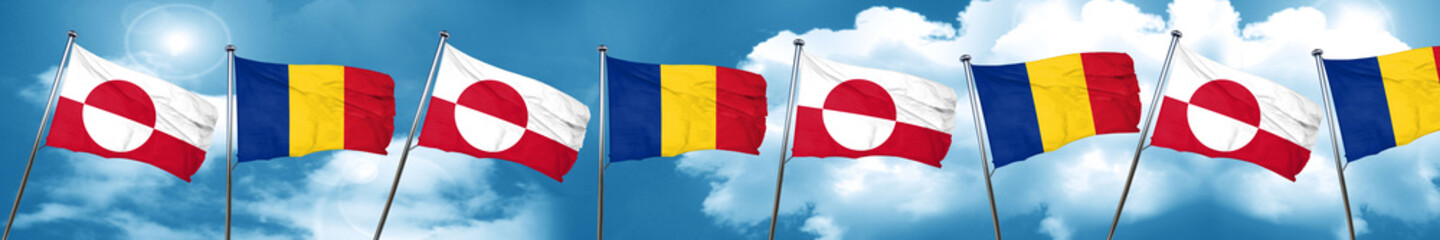 Fototapeta na wymiar greenland flag with Romania flag, 3D rendering