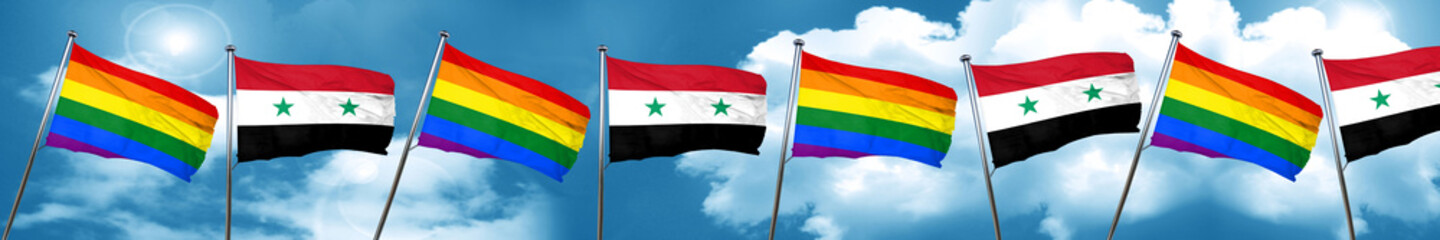 Gay pride flag with Syria flag, 3D rendering