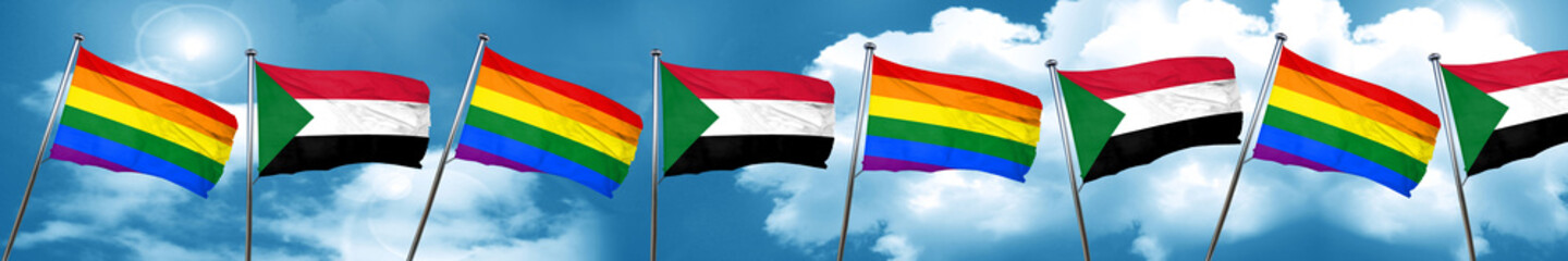 Gay pride flag with Sudan flag, 3D rendering