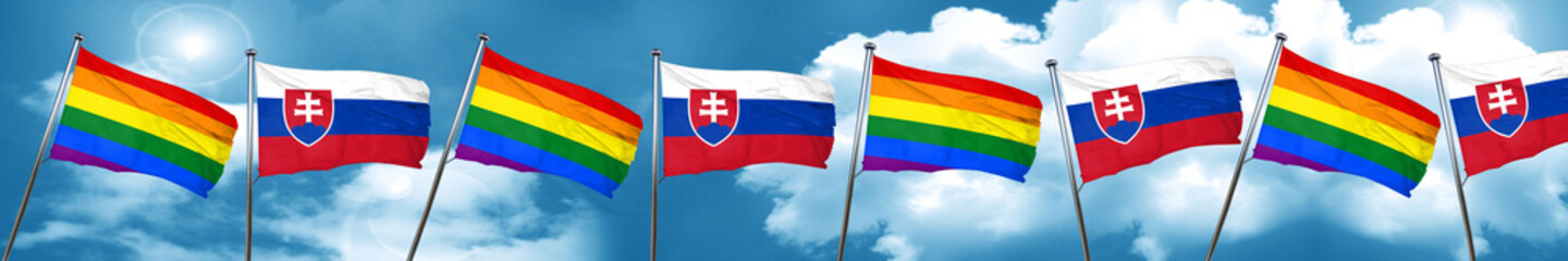 Gay pride flag with Slovakia flag, 3D rendering