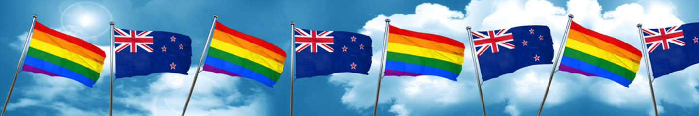 Gay pride flag with New Zealand flag, 3D rendering
