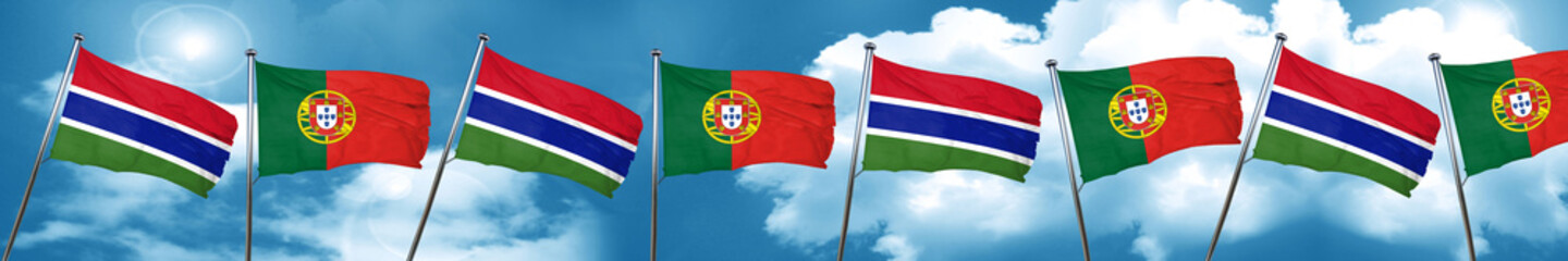 Gambia flag with Portugal flag, 3D rendering