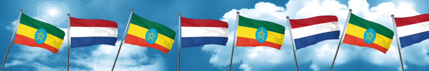 Ethiopia flag with Netherlands flag, 3D rendering