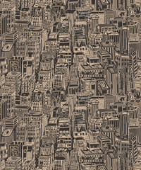 Vintage design newsprint hand drawn seamless pattern with big city. Vector illustration with NYC architecture, skyscrapers, megapolis, buildings, downtown.