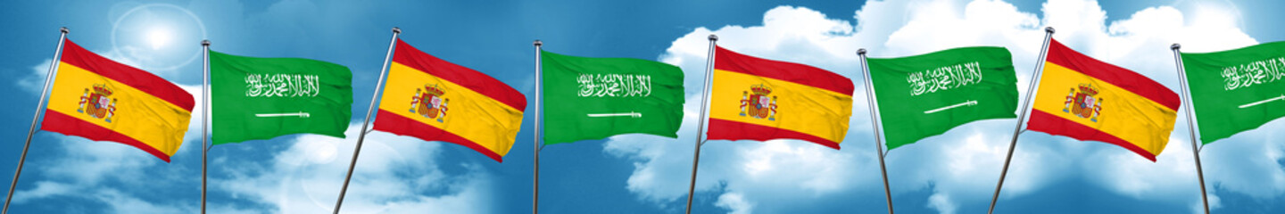 Spanish flag with Saudi Arabia flag, 3D rendering