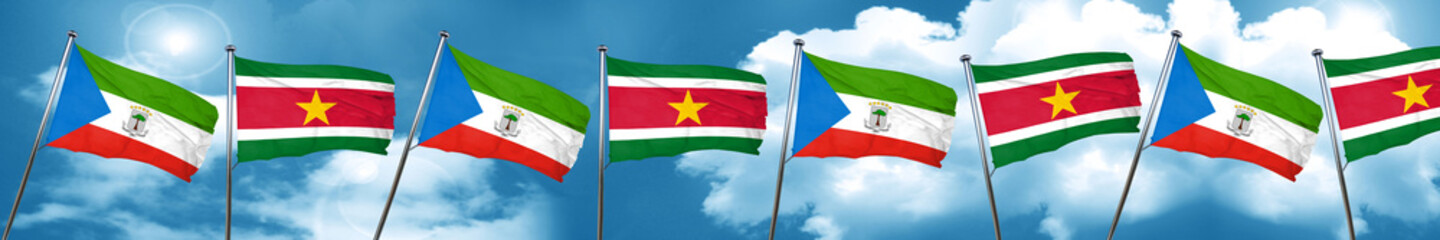 Fototapeta na wymiar Equatorial guinea flag with Suriname flag, 3D rendering