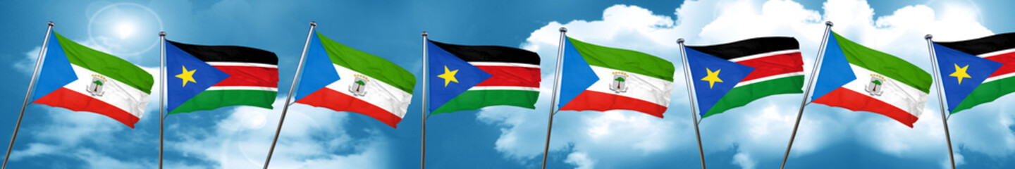 Equatorial guinea flag with South Sudan flag, 3D rendering