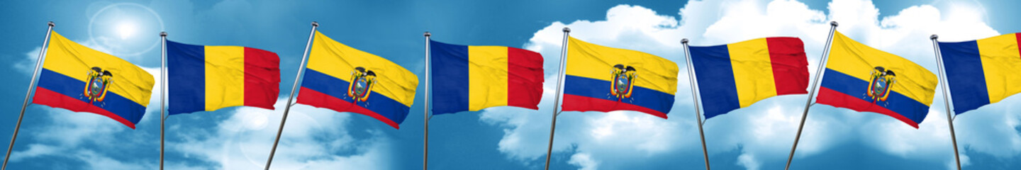 Ecuador flag with Romania flag, 3D rendering