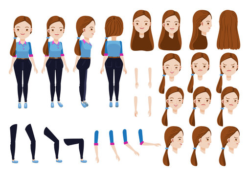 teen girl character creation set. Icons with different types of faces and hair style, emotions,  front, rear, side view of female person. Moving arms, legs. Vector illustration