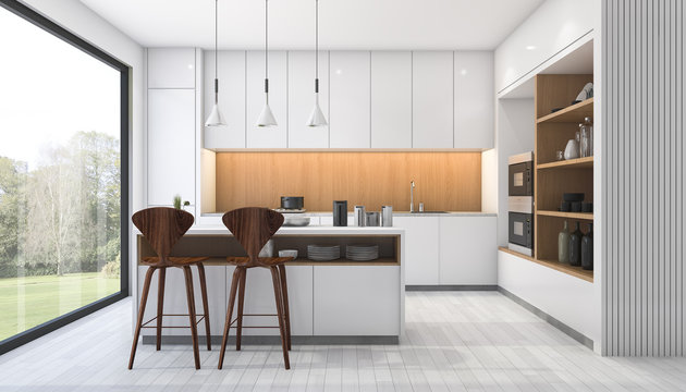 3d rendering white modern kitchen with bar near window