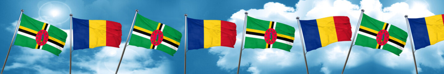 Dominica flag with Romania flag, 3D rendering