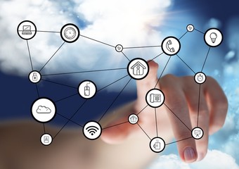 Woman hands touching digitally generated social networking icons