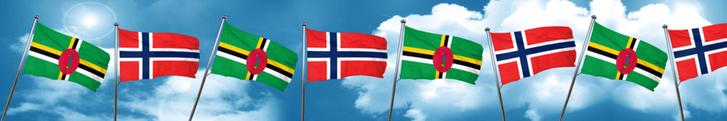 Dominica flag with Norway flag, 3D rendering