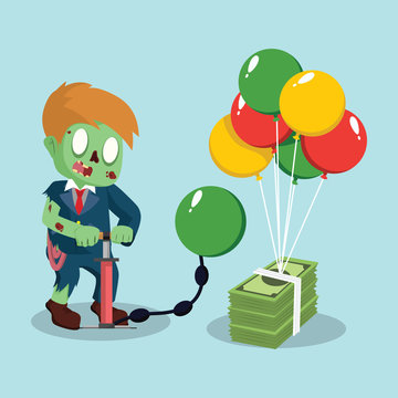 zombie businessman pumping air balloon to a bundle of money