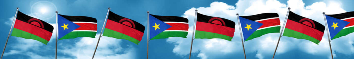 Malawi flag with South Sudan flag, 3D rendering