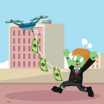 zombie drone flying carrying money in string