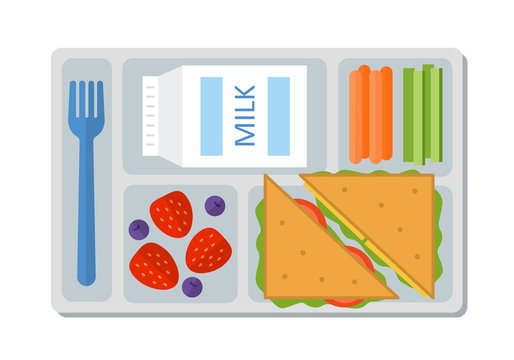 School lunch with a sandwich, fresh berries, vegetables and milk. Flat style. Vector illustration.