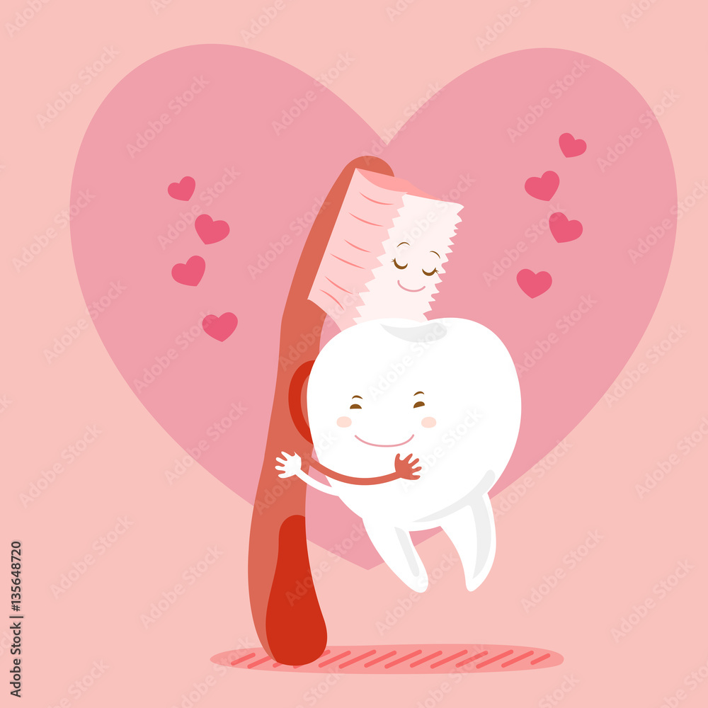 Poster cartoon tooth hug witih brush