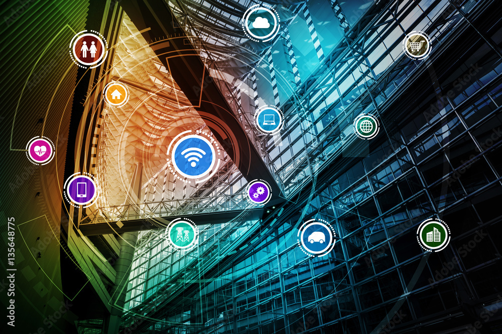 Aufkleber smart building and wireless communication network concept, internet of things, information communica