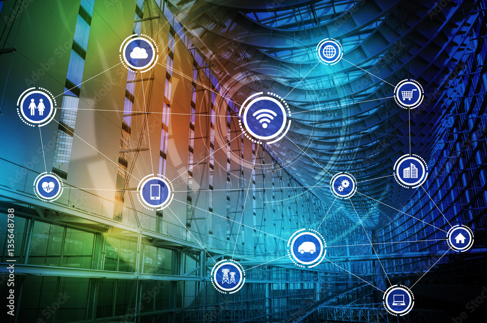 Aufkleber smart building and wireless communication network concept, internet of things, information communica