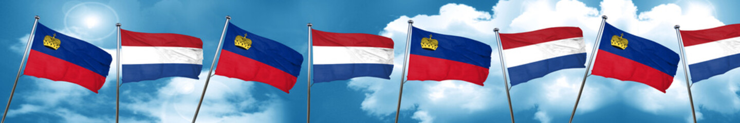 Liechtenstein flag with Netherlands flag, 3D rendering