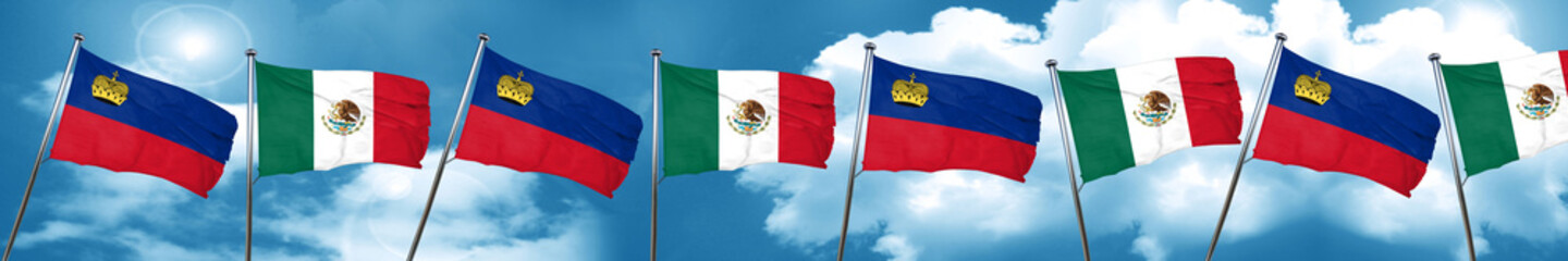 Liechtenstein flag with Mexico flag, 3D rendering