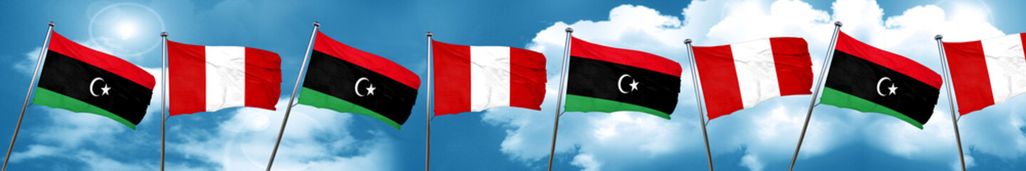 Libya flag with Peru flag, 3D rendering