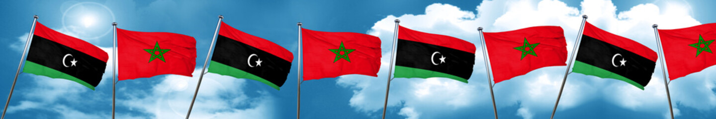 Libya flag with Morocco flag, 3D rendering