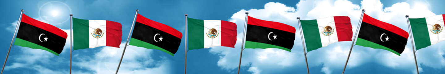 Libya flag with Mexico flag, 3D rendering