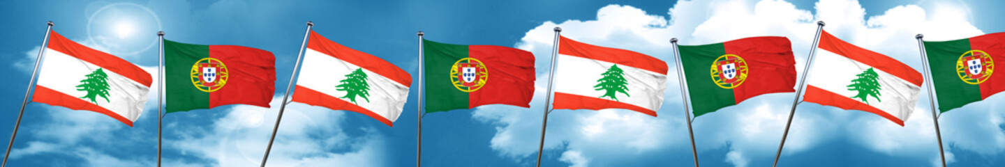 Lebanon flag with Portugal flag, 3D rendering