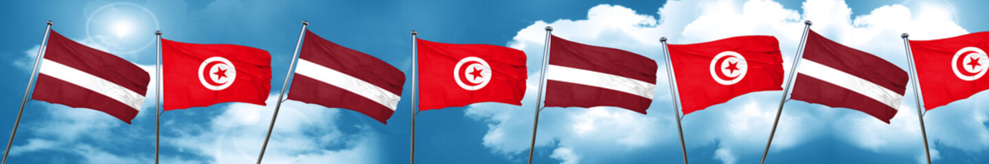Latvia flag with Tunisia flag, 3D rendering