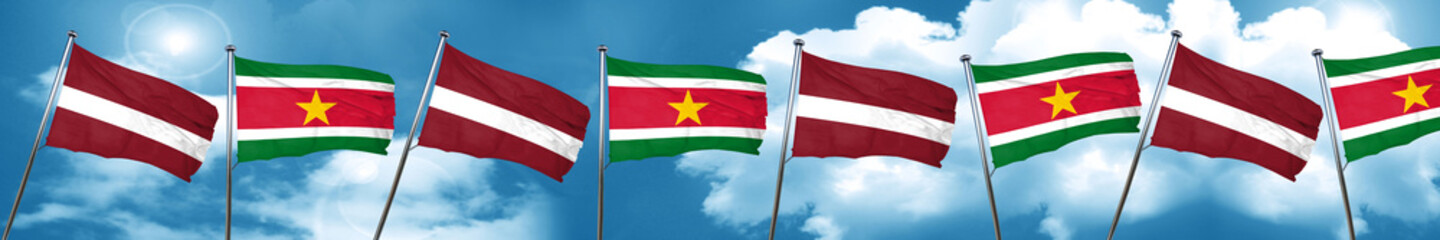 Latvia flag with Suriname flag, 3D rendering