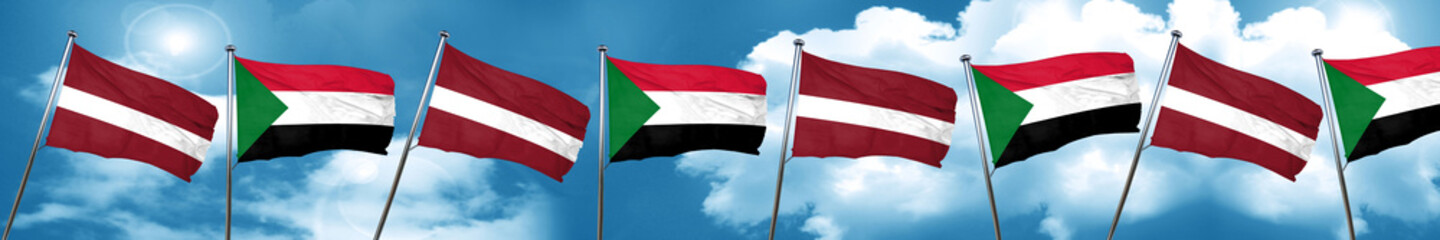 Latvia flag with Sudan flag, 3D rendering