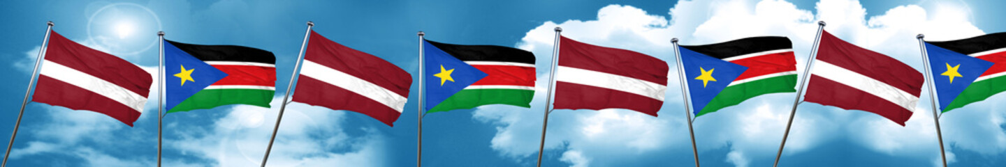 Fototapeta na wymiar Latvia flag with South Sudan flag, 3D rendering
