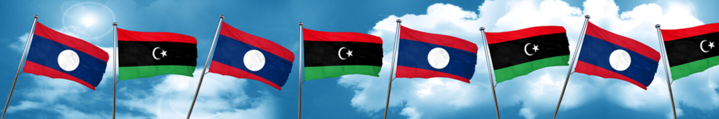 Laos flag with Libya flag, 3D rendering