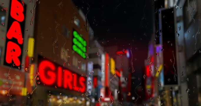 Red light district with strip bars and flashing signs with rain down a window in front. Mocked up image.