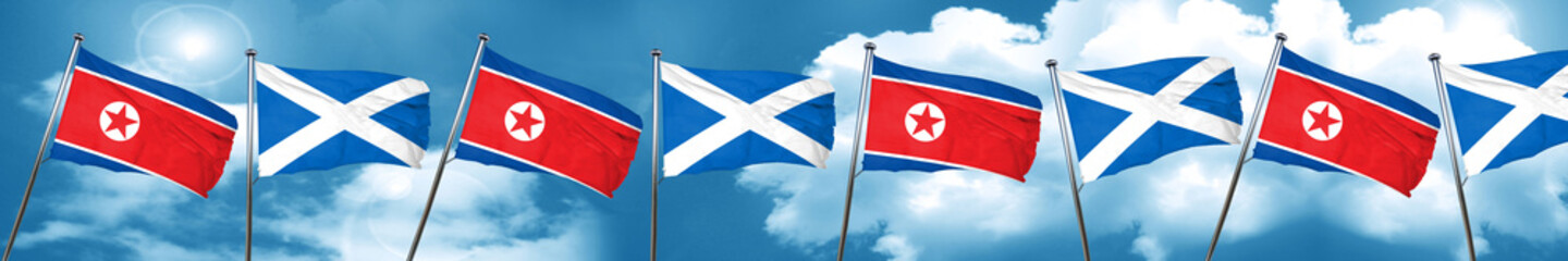 North Korea flag with Scotland flag, 3D rendering