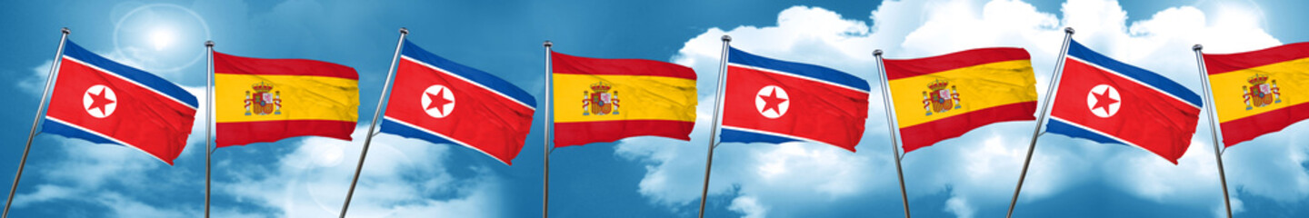 North Korea flag with Spain flag, 3D rendering